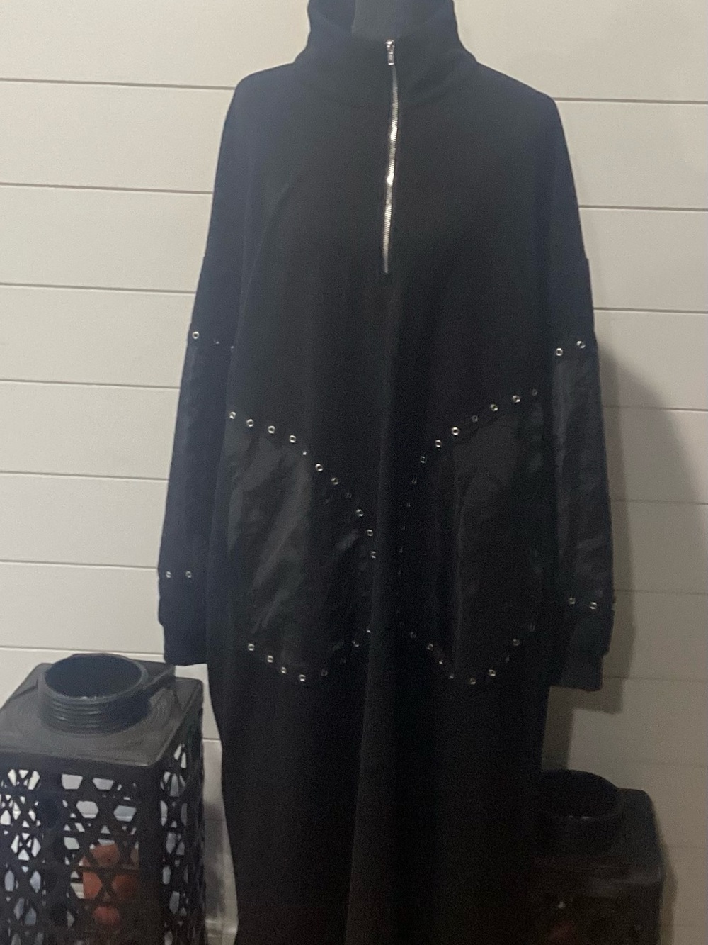 Black Long Zip-Front Studded dress.
